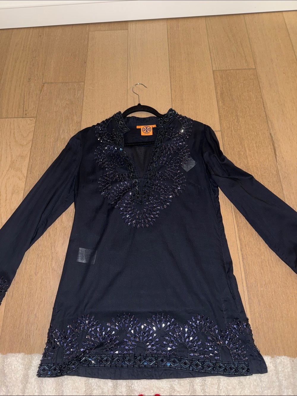 Tory Burch Navy Beaded V-Neck Tunic